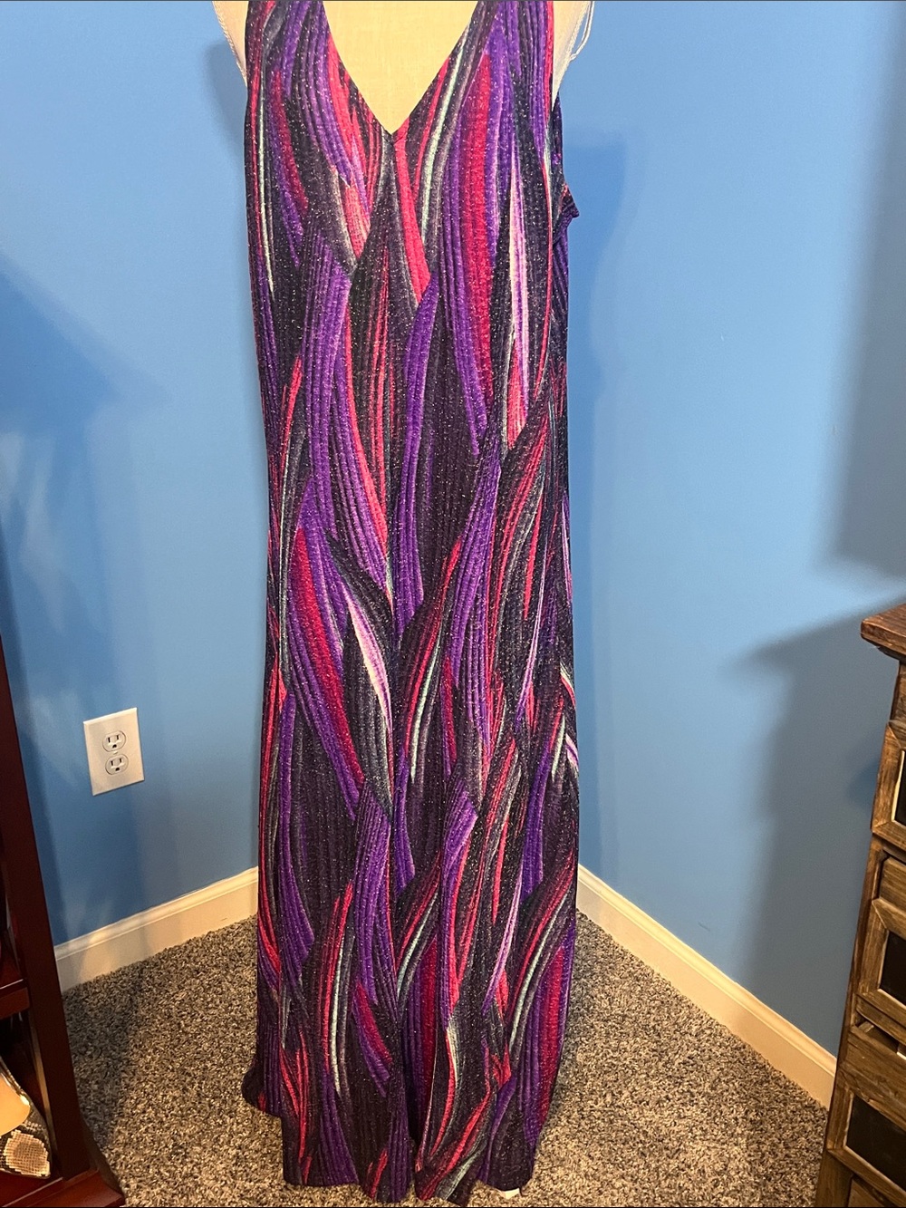 V-Neck Purple & Pink Patterned Maxi Dress, Size 2X
